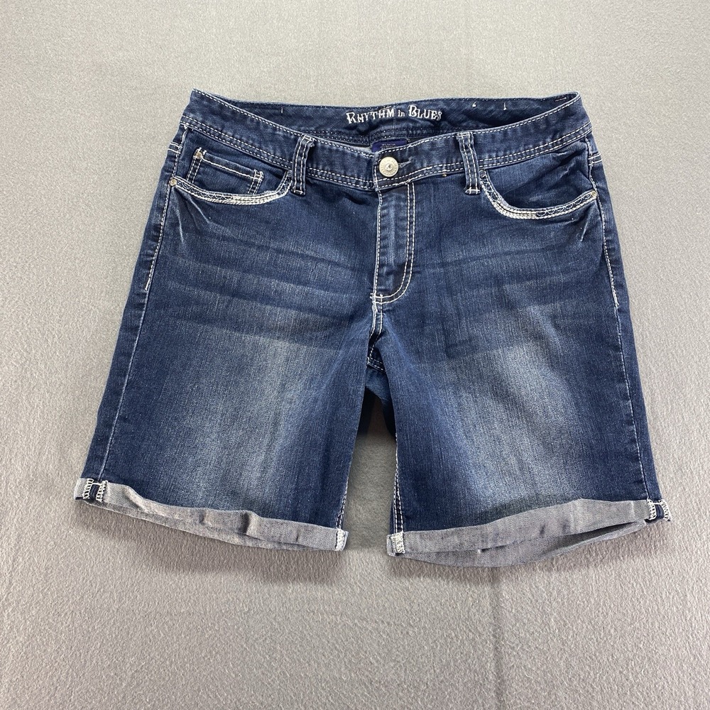 Rhythm in Blues Denim Shorts Womens 10 Blue Cuffed Embroidered Back Pockets
